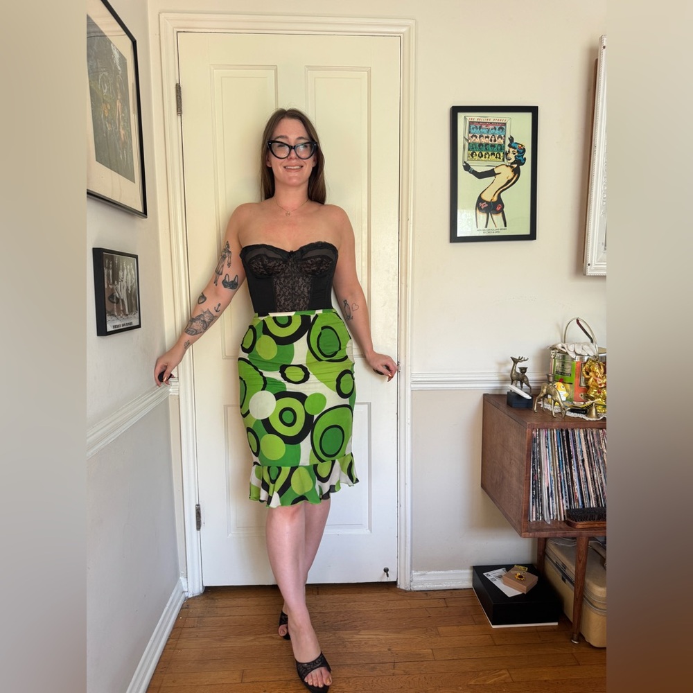 Y2K Vintage Green Silk Abstract Print Skirt Sz M